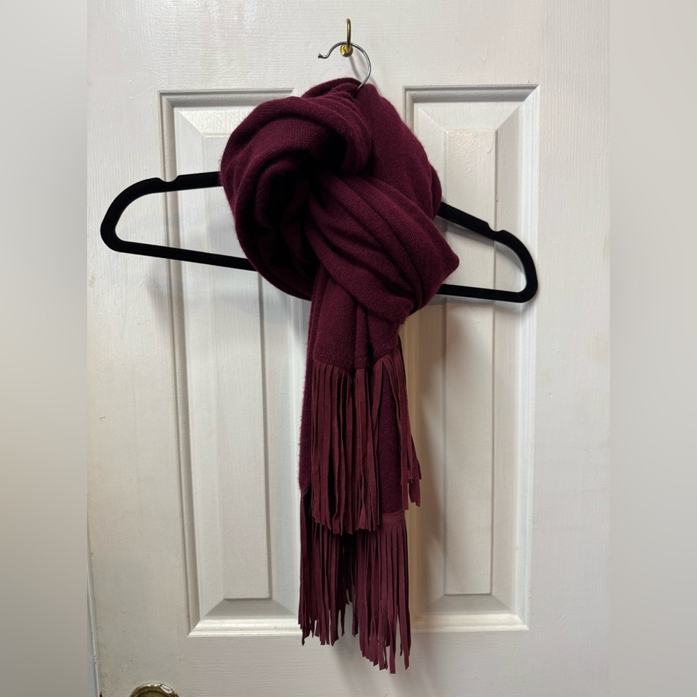 Burgundy Merino Blend Knit Scarf with Suede Fringe